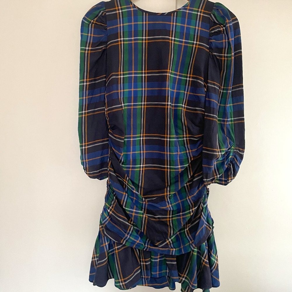 TANYA TAYLOR Plaid Print Ruched Mini Dress - Size 6